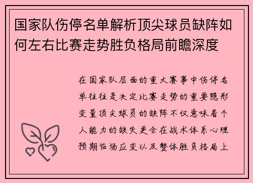 国家队伤停名单解析顶尖球员缺阵如何左右比赛走势胜负格局前瞻深度